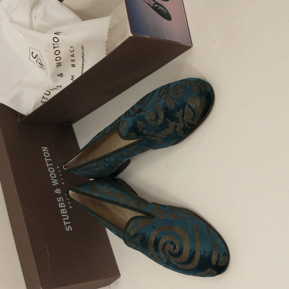 Teal velvet w Gold Stubbs & Wootton Flats Slipper Shoe Loafer Slip on sz 8.5